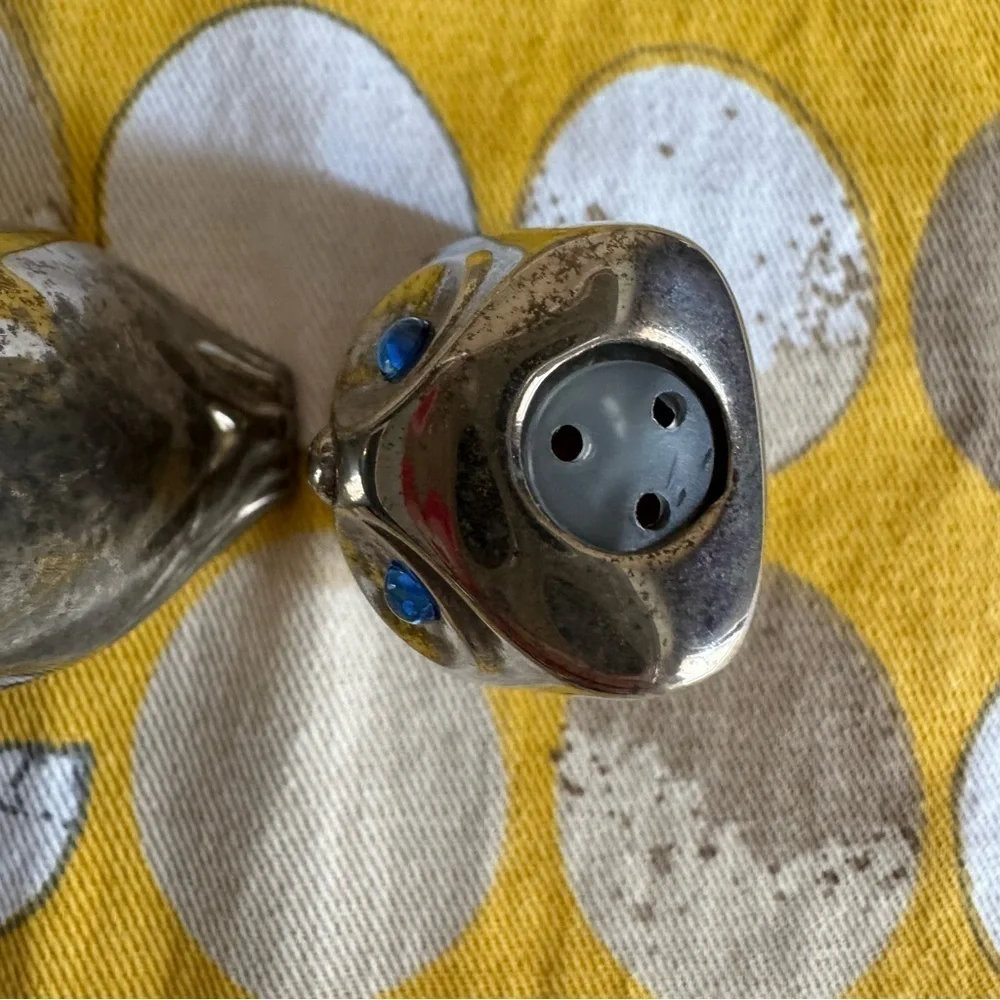 Vintage pewter owl with blue rhinestone eye salt and pepper shaker set